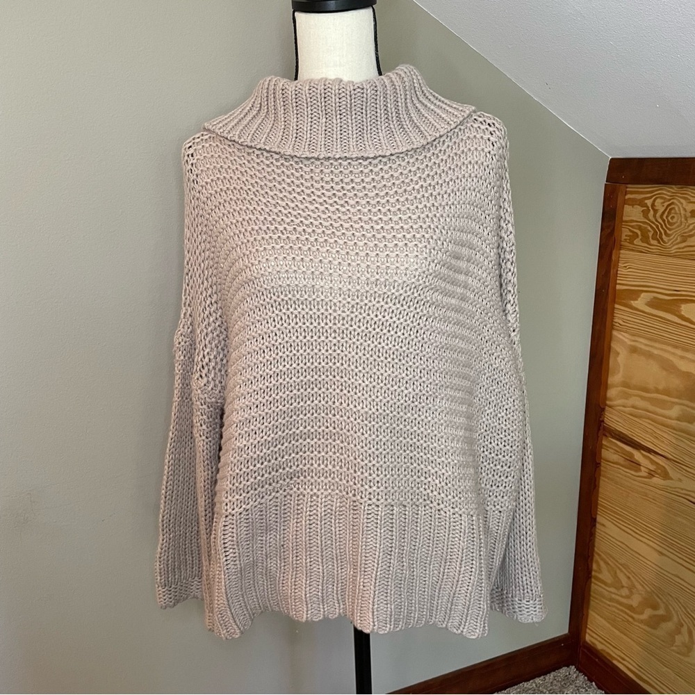 Umgee Grey Lavender Oversized Open Knit Turtleneck Sweater Small